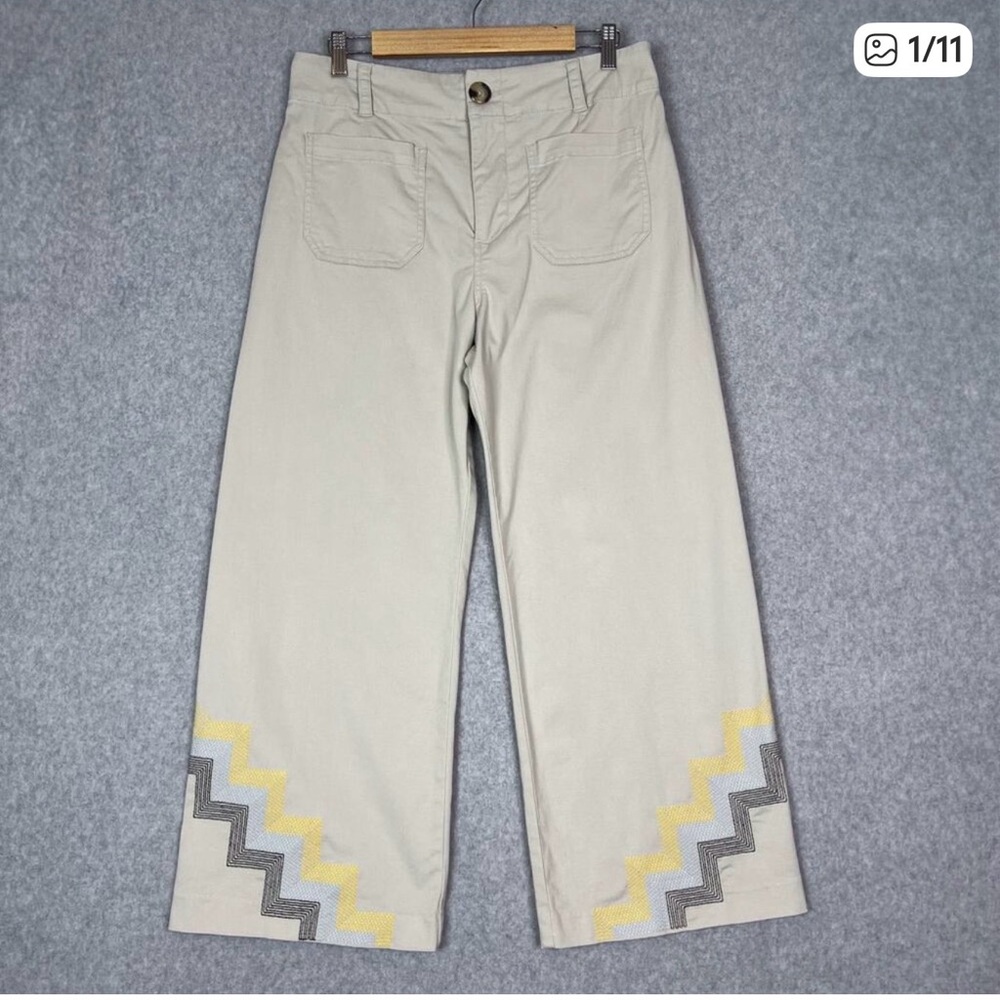 Anthropologie Maeve Womens 10 Beige Hallee Embroidered Cropped Wide Leg Pants